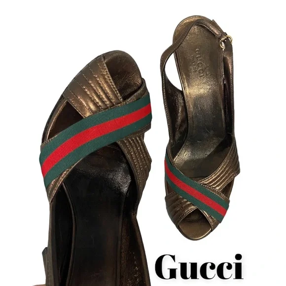 Gucci heels shoes pumps stiletto slip in sandals authentic web peep open toe